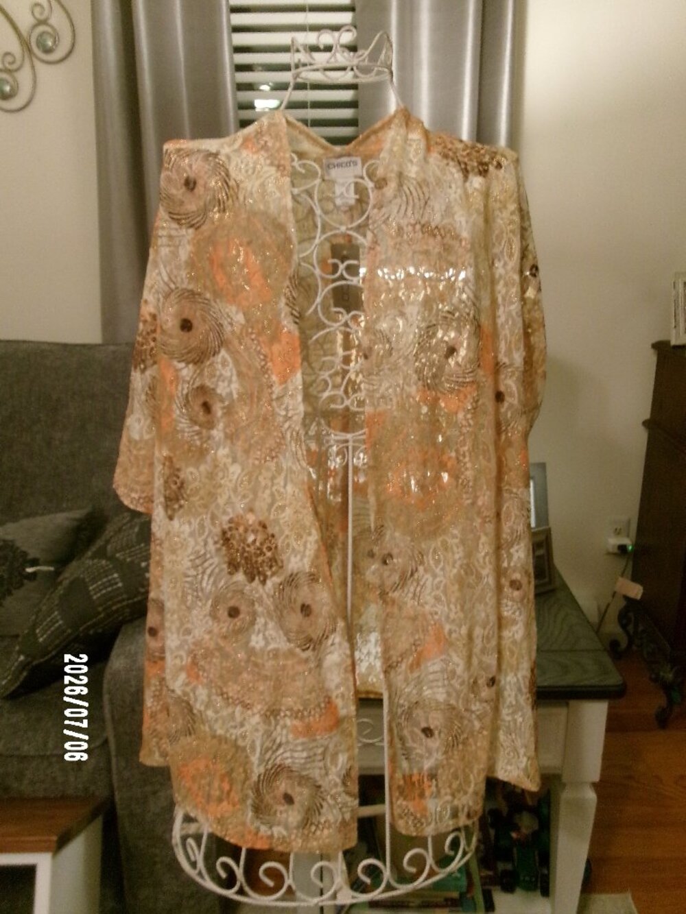 New w/ Tags Chico's size 1 Coral Escape Lace Jacket Kimono Open Lacy Gold Sparkl